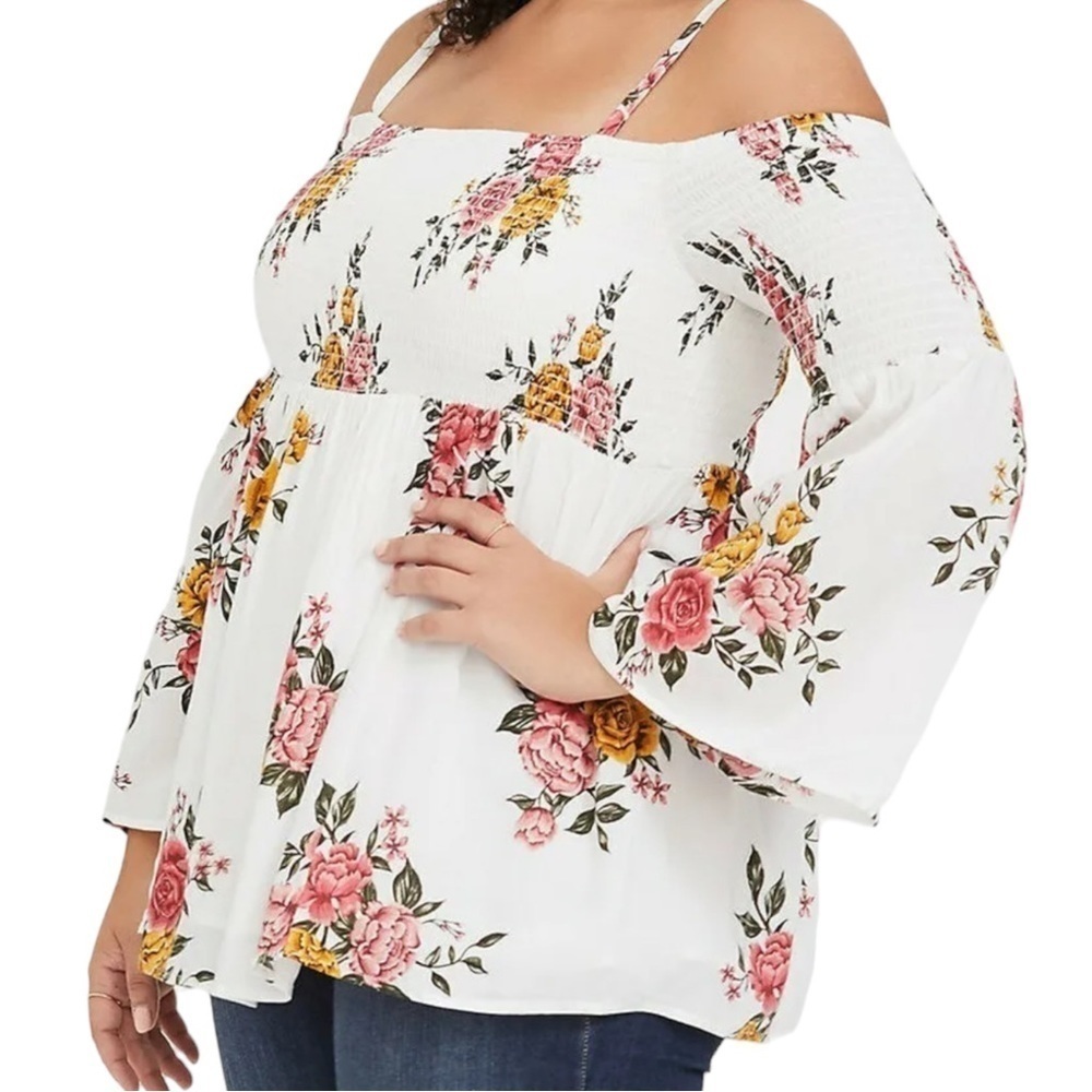 Torrid White Floral Challis Cold Shoulder Long Sleeve Smocked Top